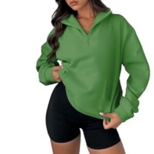 Women’s Size L Oversized Quarter Zip Sweatshirt Green with Pockets